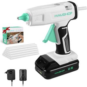 HAUSHOF Pistola per Colla a Caldo Senza Fili da 20V con Batteria e Caricatore, 20 Stick di Colla 11x150 mm, Spegnimento Automatico e Riscaldamento Rapido per Fai da Te, Artigianato