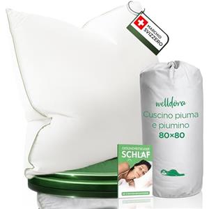 Welldora Cuscino 80x80 Alta Qualità | Cuscino Piuma d'Oca e Piumino 100% Naturali | Guanciale Cervicale Ergonomico 3 Camere Medio Duro Scientificamente Testato, Certificato Oeko-Tex. in Germania