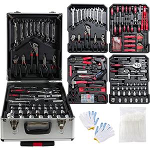 Arebos Valigetta portautensili in alluminio completa | Set di utensili 1200 pezzi | Valigetta con rotelle | Cassetta portautensili con 4 scomparti e maniglia telescopica | Argento