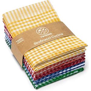 Twinzee Strofinacci Cucina Cotone (Set da 10) Quadretti - 100% Cotone - 47 x 67 cm - design retrò - Asciuga Piatti e Mani - 2 Blu, 2 Rosso, 2 Verde, 2 Arancione, 2 Giallo