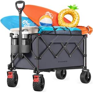 SONGMICS Carrello Spiaggia Pieghevole 150L, Carrellino da Trasporto 150 kg con Grandi Ruote Girevoli a 360°, 80,8 x 49,4 x 93,5 cm, per Campeggio e Spesa, Grigio e Nero, Collezione Sandy GFW115G01