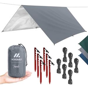 NORDMUT® Tarp 3x3/4m Impermeabile - Protezione Ottimale da Pioggia e Sole - Telo Robusto con Occhielli, Compatto - Ultralight per Campeggio & Escursionismo (Grigio / 300 x 300 cm)