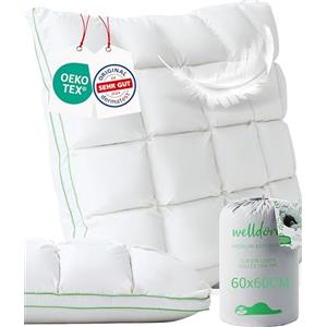 Welldora Cuscino Letto Premium 60x60 - Guanciale Letto 100% in Piumino e Piume - Design Effetto Nuvola Confortevole ed Ergonomico - Sostegno Medio, Testato da Specialisti, Certificato OEKO-TEX