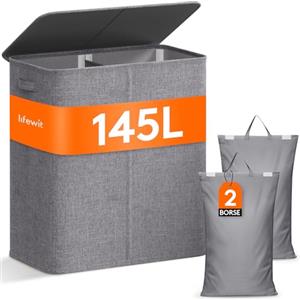 Lifewit 145L Cesto Portabiancheria con Coperchio, Grande Cesta Portabiancheria a 2 Scomparti, Portabiancheria Sporca con Manici in Bambù e 2 Sacco per la Biancheria Rimovibile, Grigio Chiaro