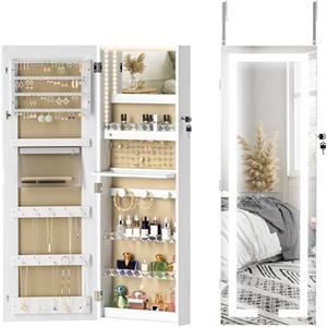 HOMCOM Armadietto Portagioie da Parete o Porta con Luci LED 108cm Bianco