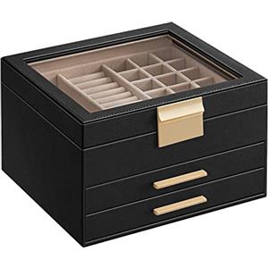 SONGMICS GISELLA Collezione - Scatola Portagioie con Coperchio in Vetro, 3 Livelli, Porta Gioielli con 2 Cassetti, Moderno, Idea Regalo, Nero Inchiostro e Dorato, 20,3 x 23,1 x 13,5 cm JBC239B03V1