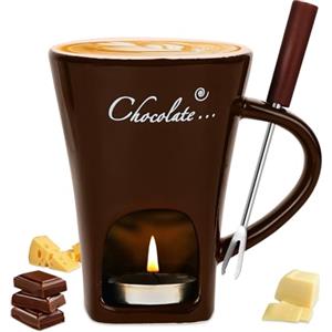Vicloon Tazza per Fonduta in Ceramica, 130 ml, Tazza per Sciogliere Il Cioccolato con Forchette, Strumenti Creativi da Dessert, Crogiolo Scalda-Burro Riscaldante per Caramelle e Cioccolato(Marrone)