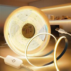 KSIBNW Striscia LED USB COB 5M, 5V Bianco Caldo 3000K Luci LED Autoadesivo Tubo Dimmerabili Strisce Larghezza 8mm Flessibile Alta Luminosità Nastro per Retroilluminazione TV, Cucina