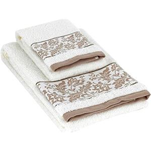 Baroni Home Set 2 Asciugamani Viso e Ospite, 100% Cotone, Asciugamani Bagno, Misure 50x100 e 40x50, Balze Damascate Bianco