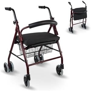 Mobiclinic, Deambulatore con cuscino in memory-foam, Prado plus freni a pressione, Alluminio, Pieghevole, Cesta, Seduta, Per, Girello anziani, Leggero, 4 ruote, Bordeaux