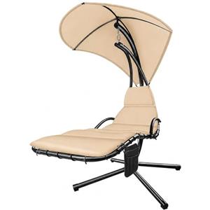 BRICOZONE Sdraio A Dondolo Con Ombrellone Parasole Integrato Cuscino Imbottito Amaca Da Giardino In Acciaio E Poliestere Per Esterno Terrazzo Bordo Piscina 195 x 132 x 197 Cm Beige