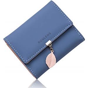 Roulens Portafoglio in pelle PU ROULENS per borsa con RFID lunga da donna con ciondolo foglia con cerniera, Blu