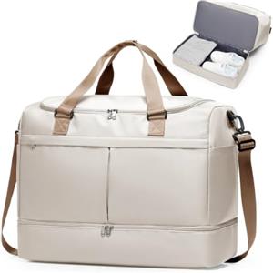SEAFEW Borsone da Viaggio Extra Grande 45L, Bagaglio a Mano Borsa da Viaggio con Scomparto per le Scarpe, Borsa Sportiva Borsone da Palestra da Weekend,H04-Marrone beige