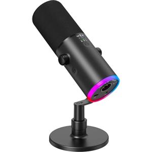 TONOR Microfono Gaming Dinamico per PC, Microfono Cardioide Streaming XLR/USB con supporto da tavolo per Podcasting/Studio, Cancellazione Rumore IA,RGB Controllabile,Jack Cuffie 3,5 mm,Nero,TD510 AIR