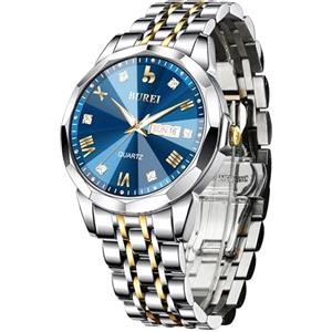 BUREI Orologio da uomo alla moda, analogico, al quarzo, in acciaio inox, impermeabile, con diamanti luminosi, con data, orologio da polso casual di lusso con settimane, regalo per uomo (blu)