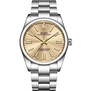 BUREI Orologio da polso da uomo in acciaio inossidabile con movimento giapponese al quarzo per uomo Orologio rotondo di lusso da 42 mm Quadrante in oro chiaro