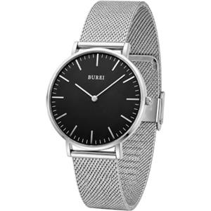 BUREI Orologio ultra sottile Demen minimalista orologio da polso Demen analogico giapponese al quarzo con cinturino in maglia in acciaio inox, regalo per le donne, bianco e oro (Nero Argento)