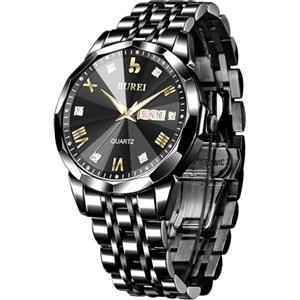 BUREI Orologio da uomo alla moda, analogico, al quarzo, in acciaio inox, impermeabile, con diamanti luminosi, con data, orologio da polso casual di lusso con settimane, regalo per uomo (ferroso)