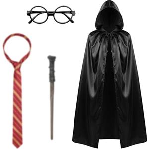 AUYAO Costume di Wizard, Set di 4 Costumi da Mago con Mantello Occhiali Cravatta Bacchetta Magica Vestire, Kit Cosplay Mago Magico per Bambini Adulto, per Halloween Carnevale Feste
