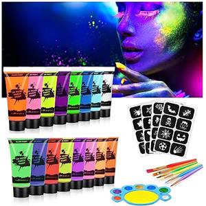 AOOWU Trucchi Neon, 16 Colori Trucchi Fluo Pittura di Corpo con Stencil e Pennelli, Color Body Paint UV Face Paint Kit Colori per Pancia, Set Truccabimbi per Halloween, Festa, Carnevale