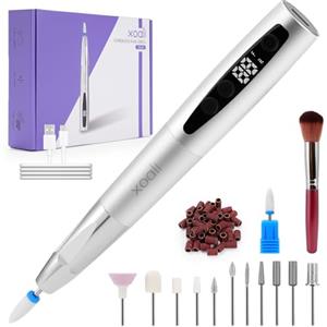 Xoali Fresa Per Unghie 35000 RPM, Lima elettrica per unghie 13 in 1 Kit,Senze Fili Ricaricabile Velocità Regolabile,Professional Portatile LED Elettrico Manicure&Pedicure, Argento