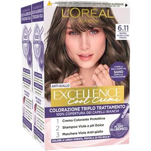 L'Oreal Paris L'Oréal Paris Tinta Permanente Excellence Cool Creme 6.11 Biondo Scuro Ultra Freddo Colorazione Triplo Trattamento Copre 100% dei Capelli Bianchi Anti-Giallo - 2 Tinte