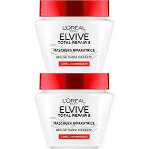 L'Oreal Paris L'Oréal Paris Elvive Total Repair 5 Maschera Riparatrice per Capelli Molto Danneggiati con 14% di Concentrato Riparatore per Capelli Resistenti Morbidi e Luminosi - 2 Barattoli da 300ml