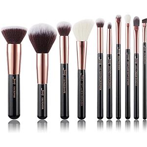 Jessup 10pz Pennelli per il trucco Fondotinta Polvere Bellezza Eyeliner Correttore Setole in fibra fatta a mano Kit per il trucco Nero/Oro rosa T156