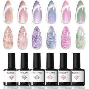 Modelones Smalti Semipermanenti Unghie, 6 Colori JellyGel Cat Eye Trasparente Rosa Nudo Marrone Blu Viola Verde con Stick e Magneti, Smalto UV French Manicure, 7ml