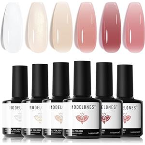 Modelones Smalti Semipermanenti Unghie, 6 Colori Gelatina Trasparente Rosa Nudo Bianco, Smalto Gel Unghie UV Gel French Manicure, 7ml
