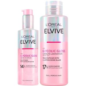 L'Oreal Paris L'Oréal Paris Elvive Glycolic Gloss Siero Senza Risciacquo per Capelli Porosi e Spenti Lucentezza Intesa e Duratura da 150ml + Trattamento Laminazione 5 minuti con Acido Glicolico da 200ml - 2 Flaconi