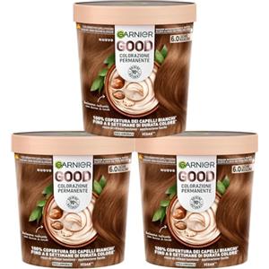 Garnier Good Tinta Colorazione Permanente Fino a 8 Settimane Colore Brillante e Luminoso Copre il 100% dei Capelli Bianchi Formula Vegana Senza Ammoniaca 6.0 Castano Mocaccino - 3 Confezioni