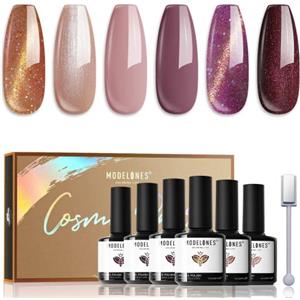 Modelones Smalto UV Gel Set Magnetico Cat Eye 6 Colori Glitter Marrone Viola Magnete Aurora Perle Pastello Gel Vernice Doppio Effetto per Primavera
