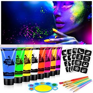 AOOWU Trucchi Neon, 8 Colori Trucchi Fluo Pittura di Corpo con Stencil e Pennelli, Color Body Paint UV Face Paint Kit Colori per Pancia, Set Truccabimbi per Halloween, Festa, Carnevale