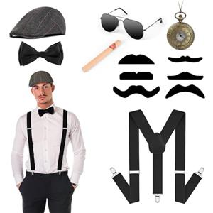 ACWOO Set Accessori Anni 20 per Uomo, 7 Pezzi Costume Mafia Carnevale, Gatsby Gangster Costume Accessori con Cappello Uomo, Elastica Bretella Y-Back, Baffi Finti, Papillon, per Natale Halloween Festa