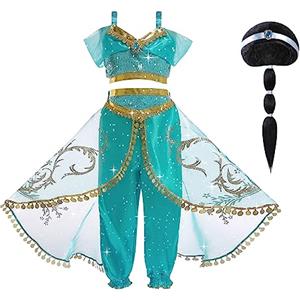 ACWOO Costume Vestito Jasmine Principessa per Ragazza Bambini, Jasmine Costume Ragazze Principessa con Parrucca, Jasmine Principessa Abiti Ragazze per Festa Danza Compleanno Halloween Cosplay (110cm)