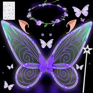 YeahBoom Luminose ali di Fata a Led, ali di Farfalla con Orecchie da Elfo, Cerchietto da Fata a Led e Bacchette di Fata a Stella, ali di Farfalla, Ali da Principessa, Costume da ala Per Feste a Tema Carnevale