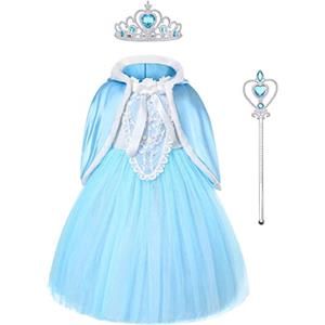 URAQT Vestito Set, Congelato Costume Vestito Bambina Principessa, Set da Principessa Blu Corona Bacchetta, Cosplay Party Halloween Abito delle Ragazze di Natale Fantasia(120)