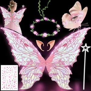 YeahBoom Luminose ali di Fata a Led, ali di Farfalla con Orecchie da Elfo, Cerchietto da Fata a Led e Bacchette di Fata a Stella, ali di Farfalla, Ali da Principessa, Costume da ala Per Feste a Tema Carnevale