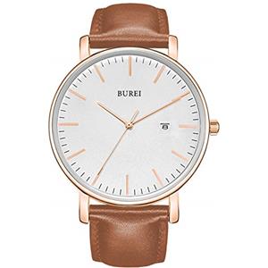 BUREI Uomo Orologio da Polso al Quarzo Classico con Cassa Ultra Sottile Design Minimalista Quadrante Analogico Data Finestra (rosa marrone dorato, Pelle)