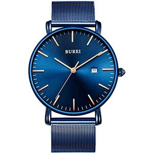 BUREI Uomo Orologio da Polso al Quarzo Classico con Cassa Ultra Sottile Design Minimalista Quadrante Analogico Data Finestra (blu, Acciaio inossidabile)