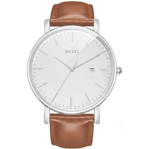 BUREI Uomo Orologio da Polso al Quarzo Classico con Cassa Ultra Sottile Design Minimalista Quadrante Analogico Data Finestra (marrone bianco, Pelle)