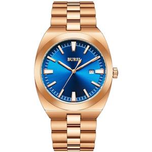 BUREI Orologio da Uomo in Acciaio Inox, Analogico, Impermeabile, con Data, Classico, Affari, al Quarzo, Oro Blu, Bracciale (Oro champagna)