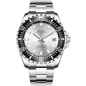 BUREI Orologio da uomo in acciaio inox, analogico, al quarzo, argento, Bracciale