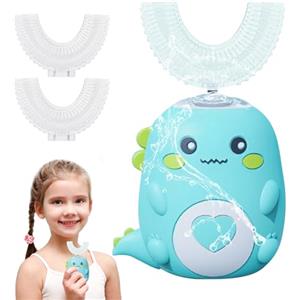 JOPWUE Spazzolino da denti elettrico a ultrasuoni a 360º, bambino per 2-6 anni, 2 testine in silicone U, spazzolino automatico LED luce dinosauro
