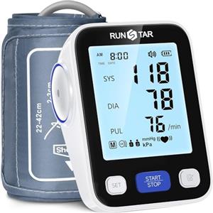 Runstar Misuratore di Pressione Sanguigna da Braccio, bracciale ad ampio intervallo (22-42cm), uso domestico, misuratore pressione sanguigna digitale automatico, borsa, memoria di lettura 2x99