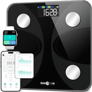 RunStar Bilancia pesapersone e percentuale grasso, Bilancia smart digitale e precisa con ampio display, Analizzatore di 13 dati di composizione corporea, Sync App