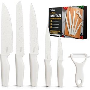 La Moustache - Set Coltelli e Pelapatate【6 Pezzi 】- per Pane, Carne e Verdure - Acciaio Inox con Rivestimento Teflon Resistente alle Macchie - Impugnature Antiscivolo, Uso Ambidestro (Latte)