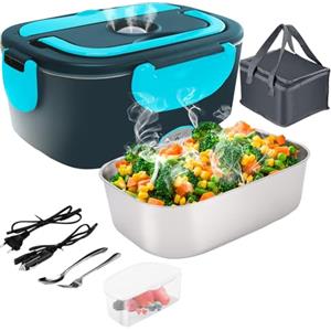 Gentre Lunch Box Elettrico Portatile Scaldavivande per Auto Camion e Ufficio 4 in 1 12V/24V/220V~240V 1.5L 60W Porta Pranzo in Acciaio Inox, Scomparti, Forchetta Cucchiaio e Borsa Per il Trasporto