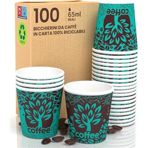 Eurocali 100 Bicchierini in Carta per caffè 65ml Blue Forest Bicchieri Ecologici Biodegradabili Monouso Piccoli Asporto Bevande Calde